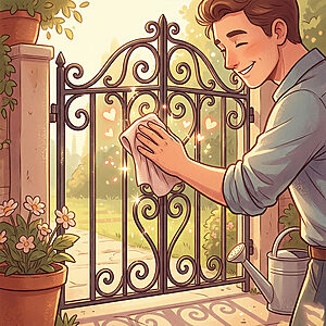 日当たりの良い庭で、笑顔の男性が装飾的なロートアイアンの門扉を布で優しく磨いているベクターイラスト。門扉からは輝くハートやキラキラが発せられており、丁寧なメンテナンスが対象への愛着を育むという概念を視覚的に象徴している。