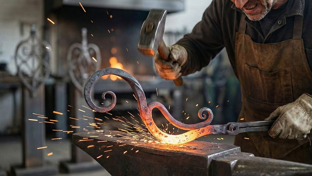 マイスターと呼ばれる熟練鍛冶職人が、赤熱した鉄をハンマーで叩き、火花を散らしながら手作業で造形する鍛造作業の様子。