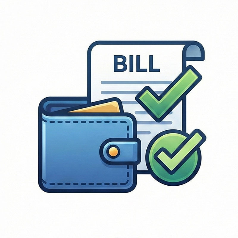 青い財布と「BILL（請求書）」と書かれた書類に、完了を示す緑色のチェックマークが大きく付いたベクターアイコン。リピーター特典として、デザイン着手時の前金（着手金）支払いが不要となり、手続きが簡略化されることを視覚的に表している。