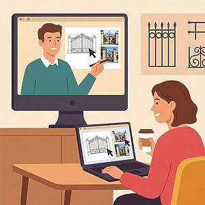 オンラインビデオ通話を使った、ロートアイアン門扉のカスタムオーダーデザイン相談の様子を描いたベクターイラスト。画面共有機能により、コンサルタントがモニターに映した門扉のスケッチや施工事例の写真を、顧客のノートパソコンにもリアルタイムで表示し、お互いに同じ画像を見ながら具体的なイメージを共有してスムーズに打ち合わせが進んでいる様子。