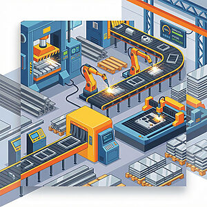 フル稼働している活気ある自動化された金属加工工場のアイソメトリックなベクターイラスト。ロボットアームがベルトコンベア上で部品を溶接し、CNCレーザーカッターが動作し、油圧プレスが金属を加工している。デジタルダッシュボードには「CAPACITY: 100%」と「STATUS: OPTIMIZED」と大きく表示されており、高度な設備と施設の完全な活用を可視化している。