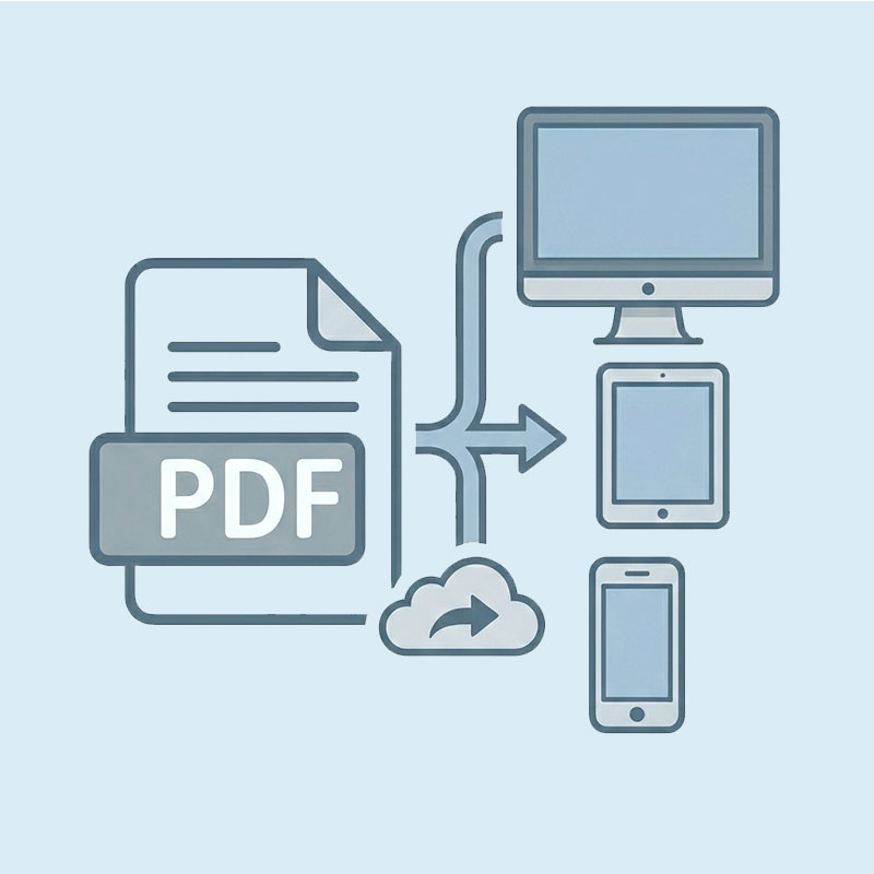 青とグレーのベクタースタイルで描かれた、PDFデータの共有を示すアイコン。PDFファイルから、クラウドを経由してデスクトップPC、タブレット、スマートフォンへと矢印が分岐しており、様々なデバイスで簡単に図面データを閲覧・共有できることを視覚的に表現しています。
