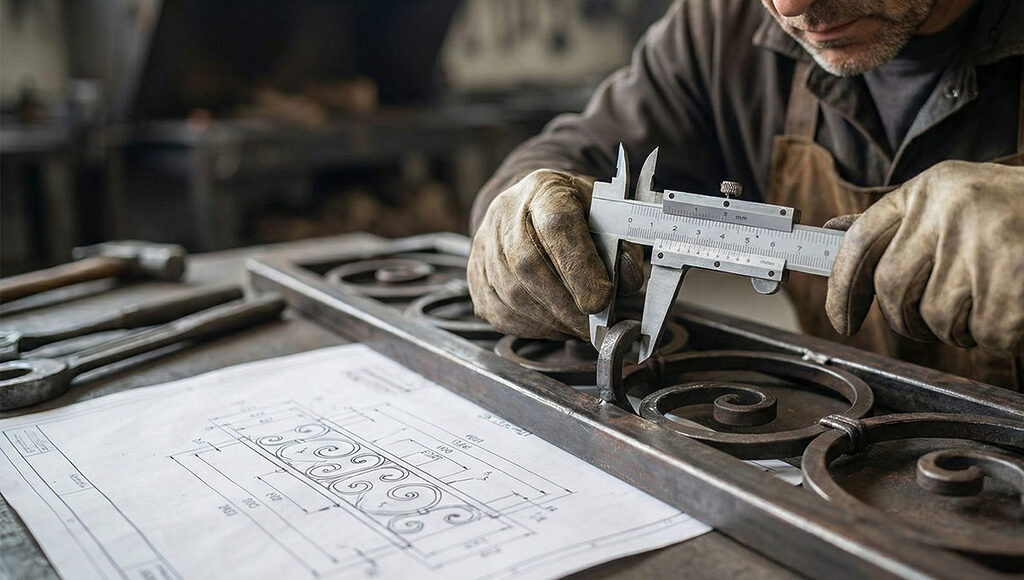徹底した品質管理のもと、熟練検査員がノギスでロートアイアン部品をミリ単位で精密に測定している検査風景。