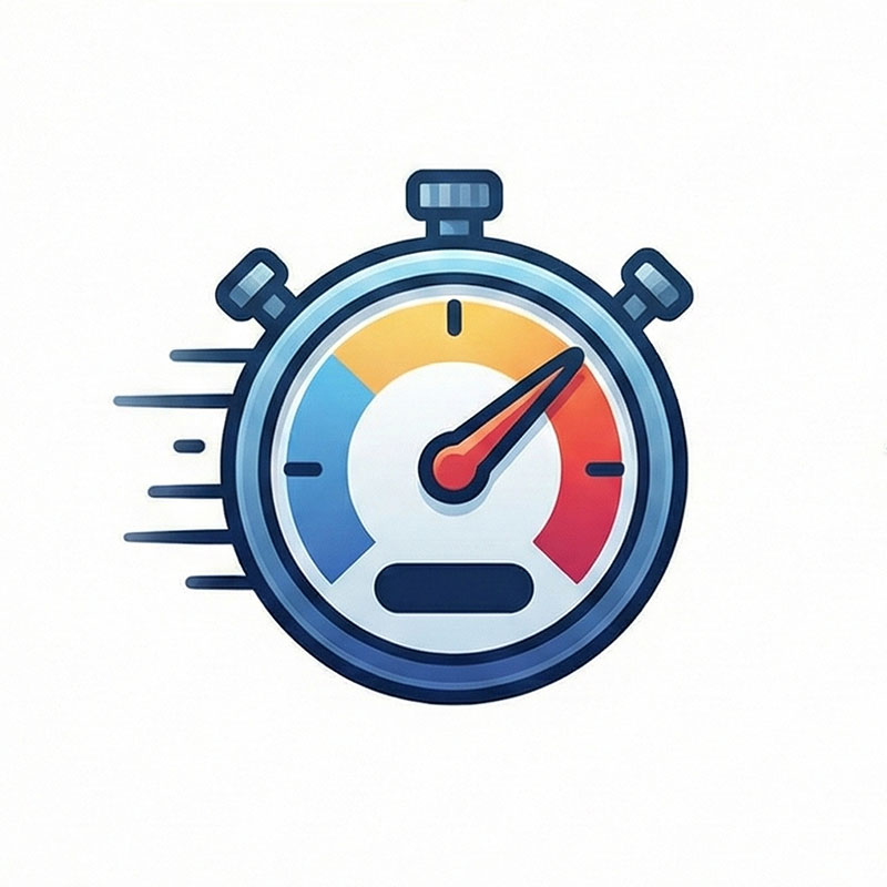 針が最高速度（レッドゾーン）を指し示す速度計の周りに、複数のストップウォッチと稲妻のマークを配置したスピード感のあるアイコン。図面作成や修正依頼において、通常よりも早いレスポンスで対応する「優先対応（ファストトラック）」サービスを象徴している。