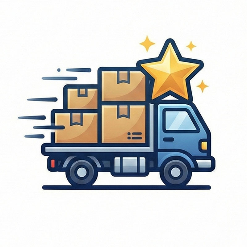 ダンボール箱を満載し、スピード線を伴って疾走する青い配送トラックのアイコン。トラックの上には特別なサービスを示す輝くゴールドの星（スター）が付与されており、製作完了品を最優先で梱包・発送手配する「優先発送」特典を表現している。