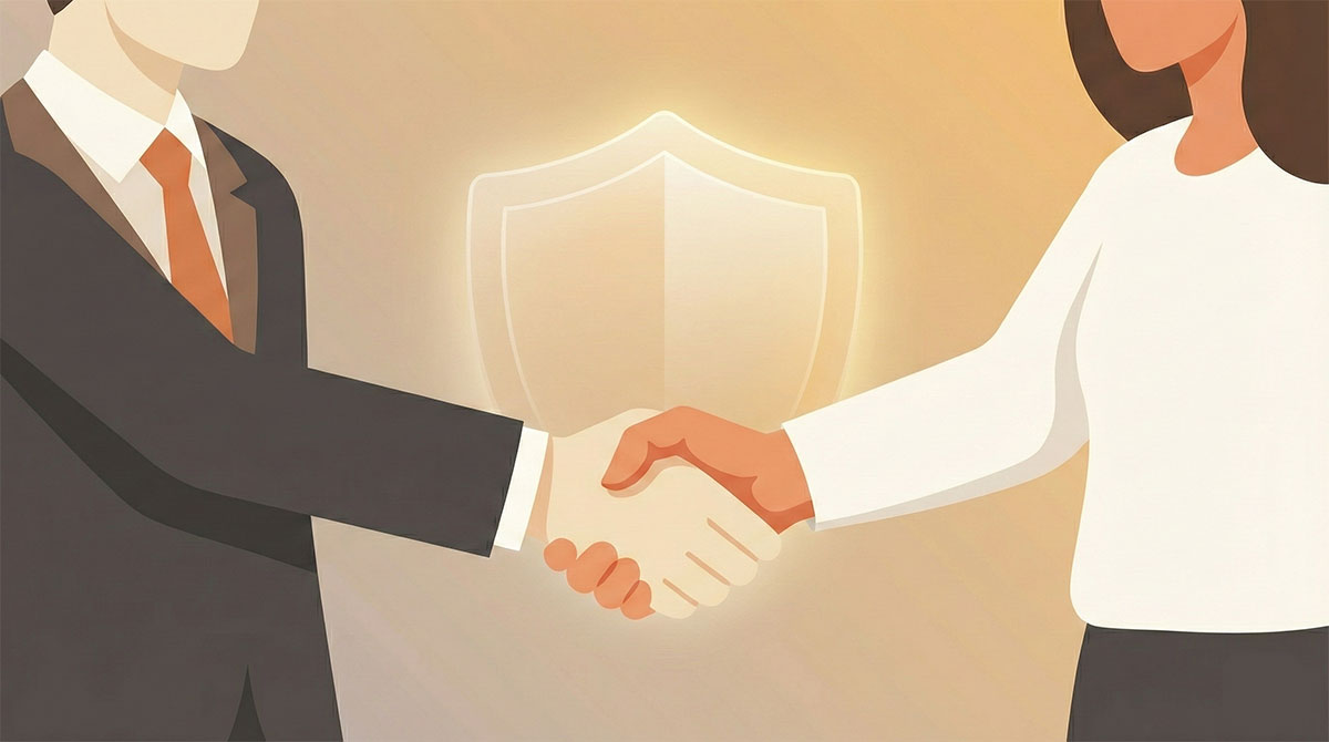 温かみのあるオレンジ系の背景で、スーツを着た専門家と女性クライアントが信頼の証として固い握手を交わしているベクターイラスト。二人の背後にある光り輝く盾のアイコンは、提供されるサービスや契約における安全性と保証を象徴しており、安心できる強固なパートナーシップの確立を表現している。