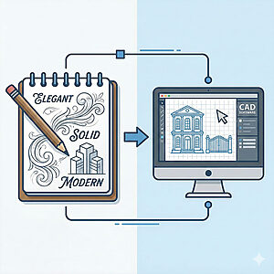 「Elegant（エレガント）」「Solid（重厚）」「Modern（モダン）」というキーワードと共に描かれた手描きスケッチが、矢印を経て、コンピュータ画面上の正確なCAD図面（青焼きの建築ファサードと門扉）へと変換されるデザインプロセスを示すベクターイラスト。