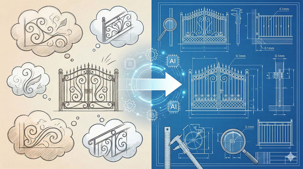 ロートアイアンの門扉や手すりの手描きスケッチ（曖昧なイメージ）が、AI技術による変換プロセスを経て、0.1mm精度の精密な青焼き製造図面（CADデータ）となる様子を示すベクターイラスト。