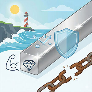 ステンレスの優れた強度と防錆性を描いたベクターイラスト。盾のアイコンで守られた輝くスチールバーと、対照的に壊れた錆びた鉄の鎖を配置し、海辺の背景で耐食性の高さを強調している。