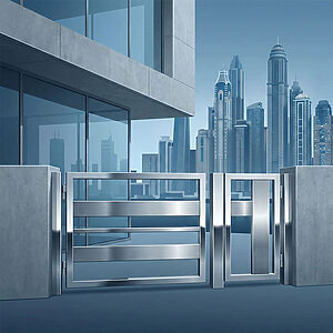 モダンなガラス張りの摩天楼を背景に設置された、滑らかでシャープなステンレス門扉のベクターイラスト。都会的で現代的な建築スタイルへの素材の適合性を示している。