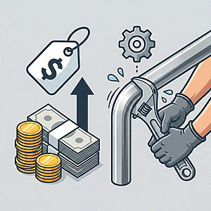 ステンレスの高コストと加工難易度を説明するベクターイラスト。上昇する値札や現金の山と、硬い金属パイプを曲げようと工具を使う作業員を描き、手間のかかる性質を強調している。