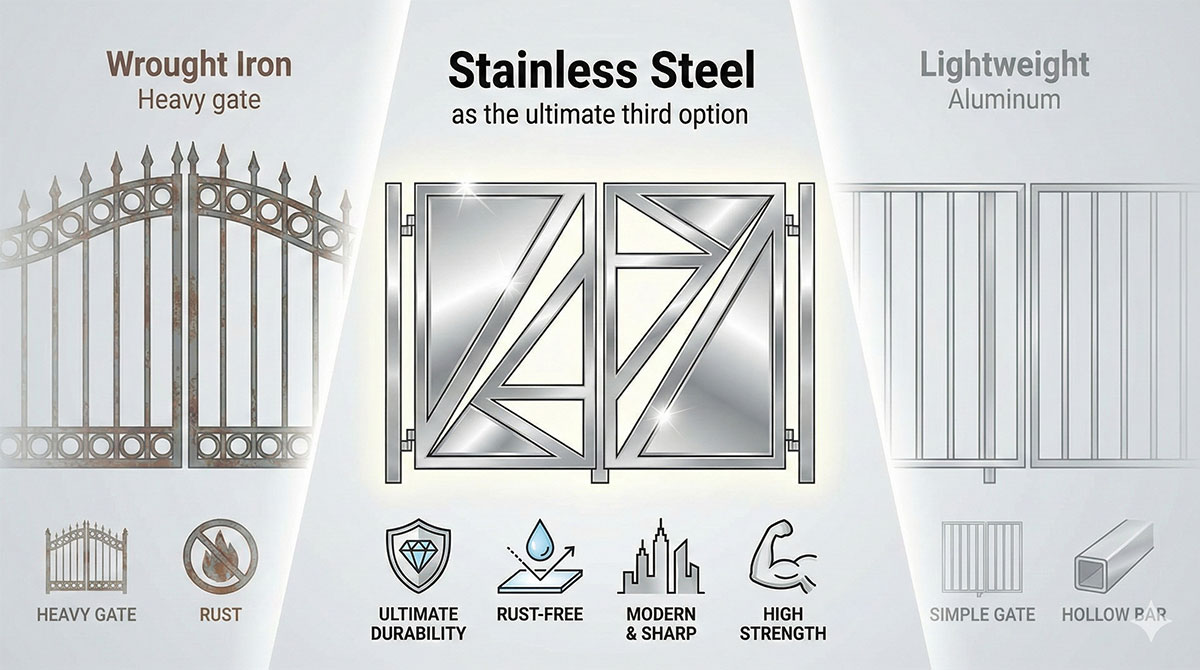 門扉における「究極の第3の選択肢」としてステンレスを強調した比較ベクターイラスト。中央には、「究極の耐久性（ダイヤモンド）」「錆びない（盾）」「高強度（腕）」のアイコンと共に、輝くモダンなステンレス製門扉を配置。左側の錆びたロートアイアン門扉、右側の軽量なアルミ門扉と対比させている。