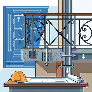 ロートアイアン手すりの構造的な設置詳細を示す断面図のベクターイラスト。コンクリート梁と鉄骨柱に対し、大型アンカーボルトやブラケットで強固に固定され、下方向への荷重分散が矢印で示されている。背景の青焼き設計図と手前のヘルメットは、建築設計と連携した安全な施工体制を強調している。