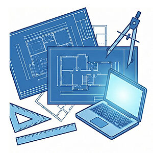 青焼き図面、ノートパソコン、コンパスや定規などの製図道具を特徴とする、建築設計計画のベクターイラスト