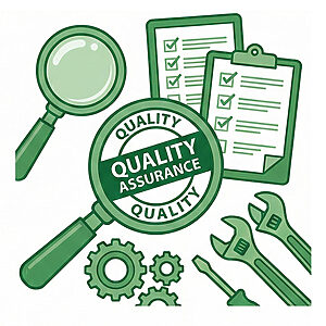 虫眼鏡、点検チェックリスト、歯車、QAスタンプを特徴とする、品質保証のためのベクターイラスト