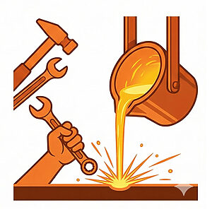 溶けた金属の鋳造、工具、そして職人技を表す工業製造ワークショップのベクターイラスト