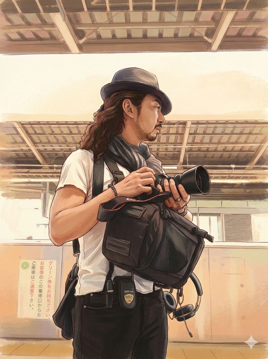 長髪で髭を生やし、帽子とスカーフを着用した男性写真家が、一眼レフカメラを持って日本の駅のホームに立っているリアルなデジタルイラスト。大きなカメラバッグとヘッドフォンも身につけており、背景には駅の屋根や日本語の看板が見える。温かい色調の画風。