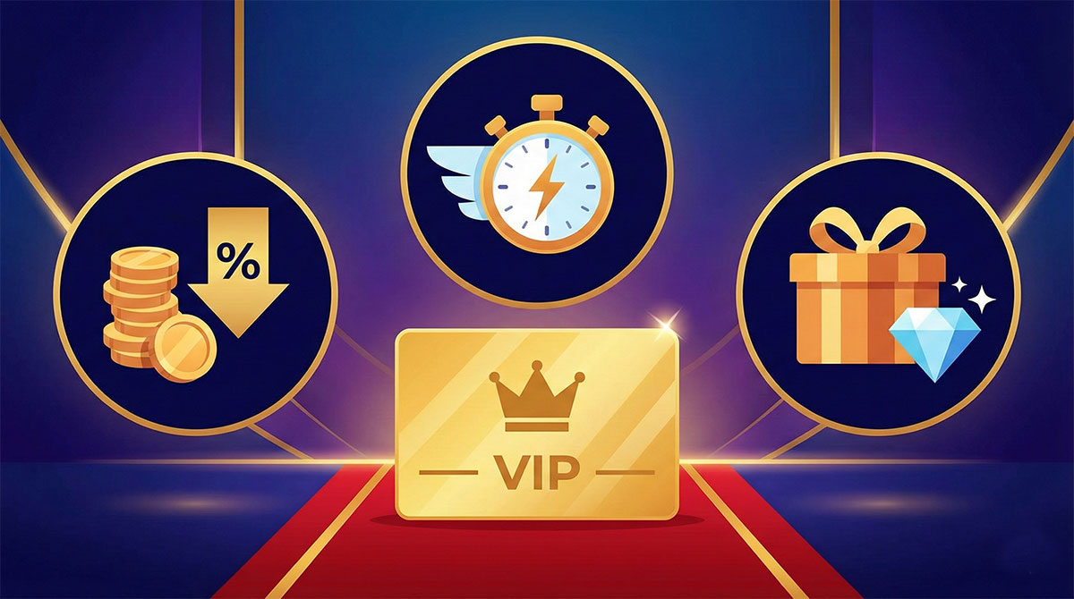リッチなベクターイラストで描かれた、VIP待遇とリピーター限定特典を示すイメージ。中央には赤いカーペットの上に、王冠と「VIP」の文字が刻まれたゴールドのカードが輝いている。その周囲には3つの特典アイコンが配置されており、左側はコインの山と下向き矢印に%記号で「割引」を、中央上は翼と稲妻が付いたストップウォッチで「優先スピード対応」を、右側はダイヤモンドが添えられたギフトボックスで「特別な贈り物」をそれぞれ表現している。全体的に高級感と特別感を強調したデザイン。
