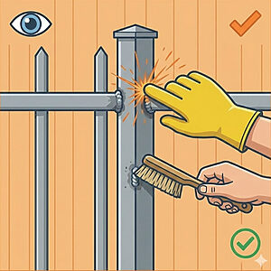 金属製フェンスの溶接箇所を、黄色い手袋をした作業員が触診で強度やスパッタの有無を確認し、ブラシで最終仕上げを行っている様子を描いたベクターイラスト。目視確認のアイコンとともに、徹底した外観と品質のチェック工程を表現している。