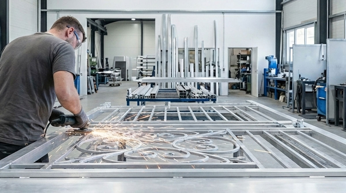 明るく清潔で近代的な工場にて、カスタムメイドのロートアルミ門扉を研磨する職人の写真。作業員が銀色の複雑なスクロール模様を仕上げており、軽量で錆に強いこの素材の精密な製造工程を、現代の賢い選択肢として示している。