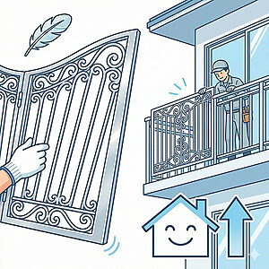 ロートアルミの軽量性を羽根のアイコンで強調し、バルコニー手すりを設置する作業員を描いて建物への負担軽減と施工性の良さを示すベクターイラスト。