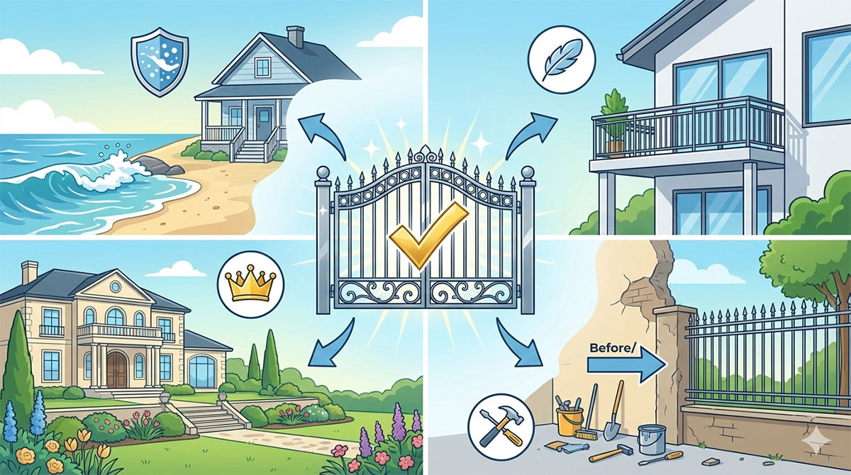 ロートアルミ門扉を選択すべき4つの最適なシナリオを示すベクターインフォグラフィック。チェックマークが付いた中央の門扉が以下につながっている：1) 耐食性を表す海沿いの家（盾のアイコン）、2) 軽さを表す2階のバルコニー（羽のアイコン）、3) 高級な美観を表す豪華な邸宅（王冠のアイコン）、4) 改修時の施工のしやすさを表すリフォーム現場（工具）。