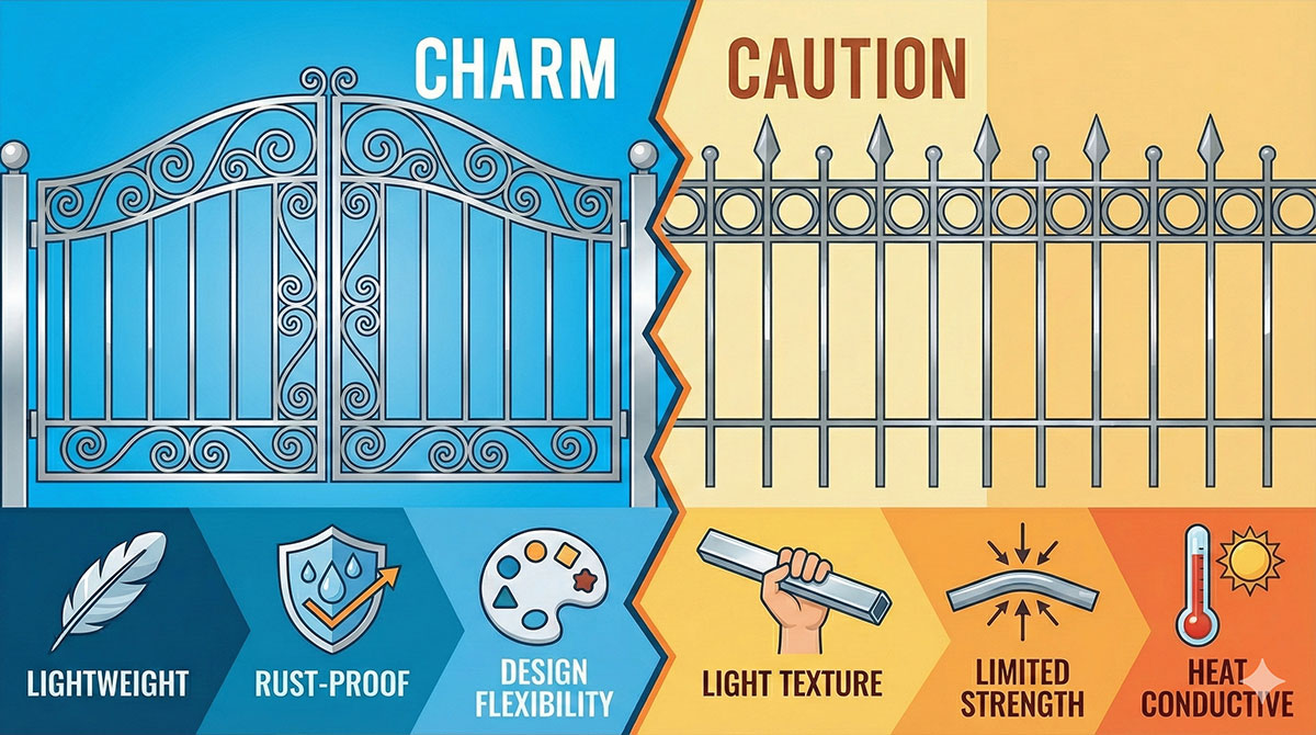 ロートアルミ門扉の「魅力」と「注意点」を詳述するベクターイラスト。左側は羽根と盾のアイコンで軽量性と防錆性を強調。右側は鉄と比較した際の熱伝導性や、質感の軽さといった制限事項を記している。