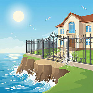 海風や塩害に対する優れた耐食性と耐久性を実証する、海沿いの住宅とロートアルミ門扉のベクターイラスト。