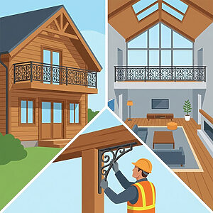 ロートアルミ製品が設置された3つのシナリオを示すベクターコラージュイラスト。左上は木造住宅の2階バルコニー、右上は吹き抜けリビングの手すり、下は作業員が木製の梁に装飾的なブラケットを取り付けている様子。これは、高所への設置や木造建築への後付けに対する適合性を実証している。)