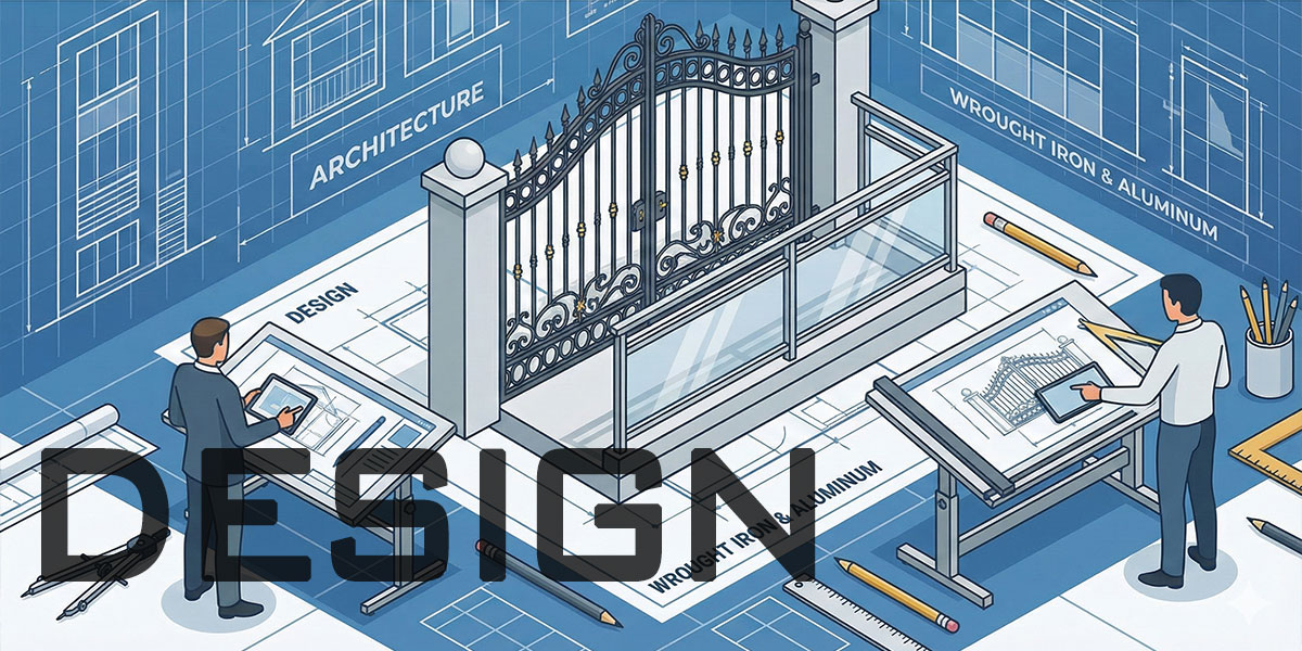 青写真（設計図）から立体的に浮かび上がるロートアイアン製の門扉とアルミ・ガラス製の手すり。その周囲で、製図台やタブレットを使って設計作業に取り組む建築家とデザイナーを描いた、建築デザインのベクターイラスト。