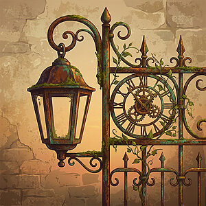 時間の経過に伴うロートアイアンの美しい経年変化を象徴するベクターイラスト。古い石壁を背景に、赤錆や苔に覆われたアンティークなランタンと門扉が描かれ、デザインに組み込まれた時計盤と歯車が年月の経過と豊かな味わい（パティーナ）を表現している。