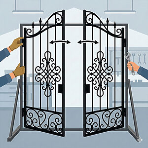 ベクターイラストによるロートアイアン門扉の仮組みテスト。作業員が蝶番の動きや隙間（チリ）を調整し、スムーズな開閉を確認している様子。
