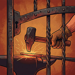 火花を散らしながら金床の上で熱い鉄を叩く鍛冶職人のベクターイラスト。ロートアイアン特有の圧倒的な重厚感と手仕事の温かみのある質感を伝えている。