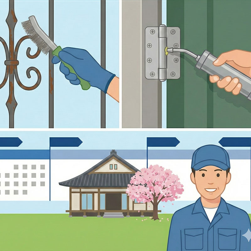 ロートアイアン製品を日本の気候で長期間維持するためのメンテナンス技術提供を示すベクターイラスト。左上はワイヤーブラシを用いた経年変化による錆のケアと再塗装の下処理、右上は可動部（ヒンジ）へのグリスアップ、下部は長期的なカレンダーと日本家屋、桜の風景を背景に、専門スタッフによる30年、50年を見据えたサポート体制を表現している。