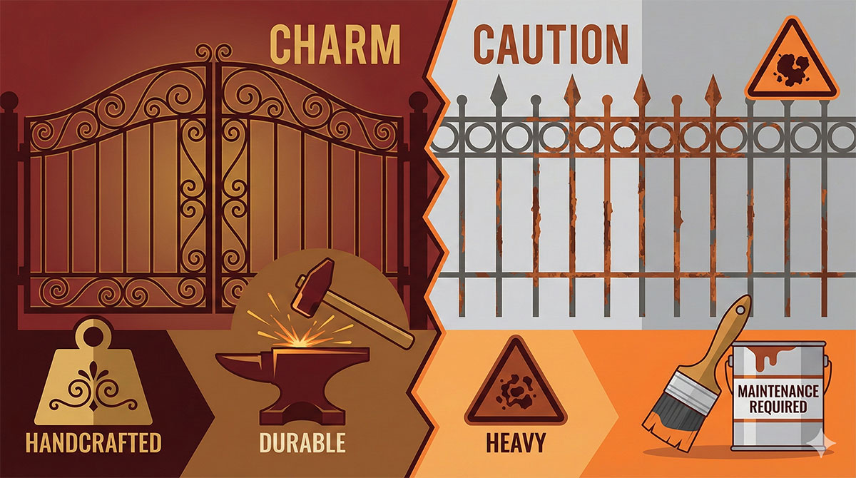 ロートアルミ門扉の「魅力」と「注意点」を詳述するベクターイラスト。左側は羽根と盾のアイコンで軽量性と防錆性を強調。右側は鉄と比較した際の熱伝導性や、質感の軽さといった制限事項を記している。