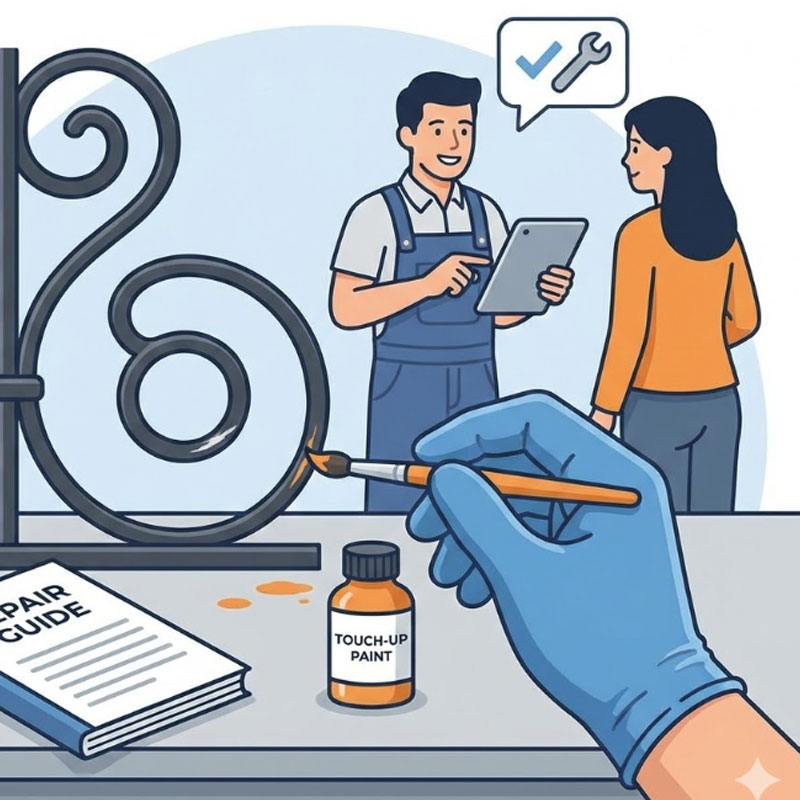 万が一の傷に対応する補修サポートのベクターイラスト。手袋をした手が、専用のタッチアップ塗料と筆を使ってロートアイアンの傷を補修している。横には「REPAIR GUIDE」と書かれた小冊子と塗料ボトルがあり、背景ではスタッフがタブレットを用いて顧客に補修方法をレクチャーしている様子が描かれている。