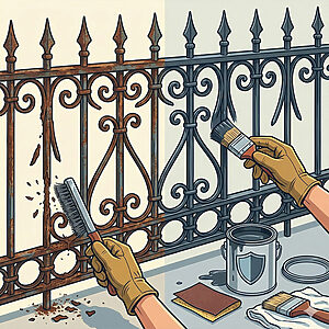 ロートアイアンのメンテナンス方法を示すベクターイラスト。ワイヤーブラシでの錆落としと、耐久性の懸念を解消するための錆止め塗料による再塗装の工程を描いている。