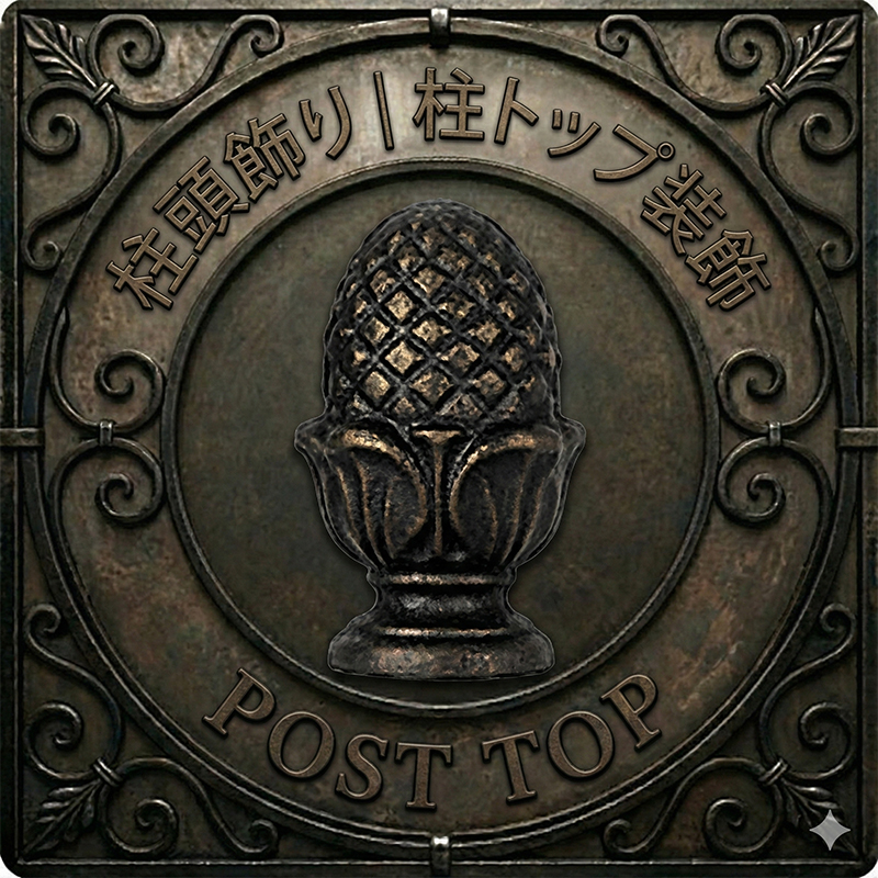 柱頭飾り｜柱トップ装飾のカテゴリーアイコン。アンティーク調の金属プレートにパイナップル型の擬宝珠（フィニアル）を配置し、「POST TOP」と刻印。