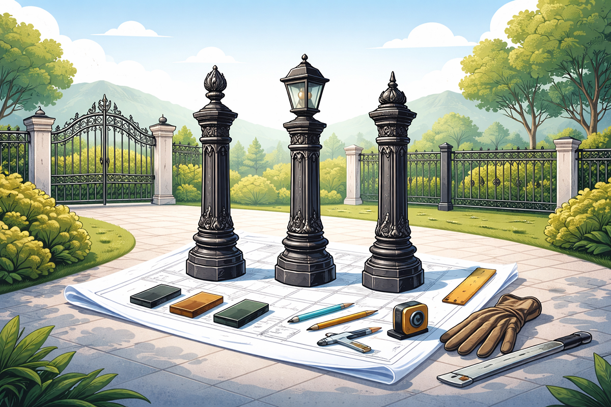 ロートアイアン製の門柱・フェンス支柱をオーダーメイドで設計できる仕様ガイド用イメージ。装飾親柱や柱頭飾り、柱脚構造の違いを表現