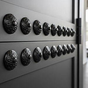 高級感のある唐草模様（スクロール）が施された装飾鋲（飾りリベット）の使用例。ロートアルミ門扉の表面を華やかにアップグレードする装飾オプション。