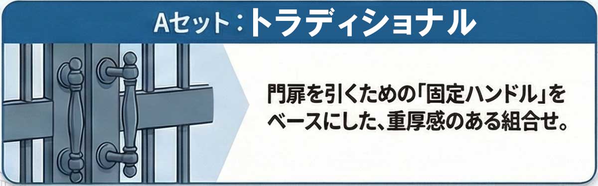 門扉用錠前Aセット：トラディショナル。重厚感のある固定ハンドルタイプのデザイン。