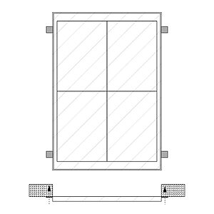グレーチング（格子蓋）の耳金具式（② 耳金具）設置方法を示す平面図と断面図。蓋の左右の側面に突起状の固定用金具（耳金具）が付いており、それが周囲の受け枠に乗る構造を表しています。