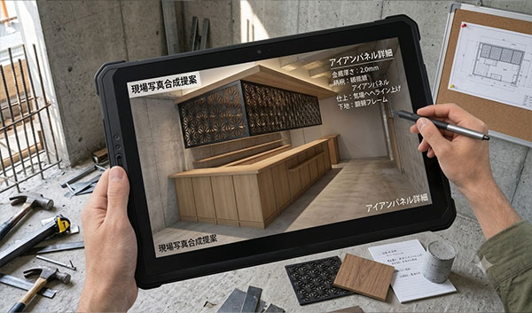 和風カフェの設計案を頑丈なタブレットでAR可視化：コンクリート剥き出しの建築現場にて。画面には「現場写真合成提案」や「アイアンパネル詳細」（「金物厚さ: 2.0mm」など）の仕様が詳細に表示されている。手前には木材や金属の素材サンプル、格子柄の試作、工具（ハンマー、メジャー）が散乱し、背景には設計図のホワイトボードがある。